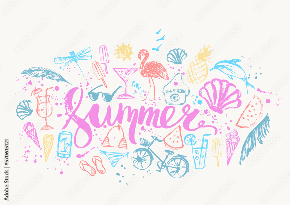 Summer background with hand drawn sketches, grunge drops and lettering