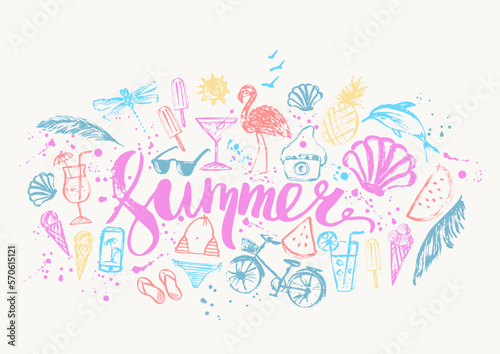 Summer background with hand drawn sketches  grunge drops and lettering