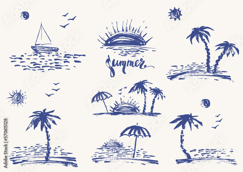 Hand drawn beach and sea coast scenes in navy blue color with palms, sun, yacht, waves
