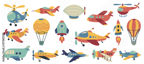 Cute aviation. Doodle colorful air transport, funny airplane helicopter hot air balloon blimp rocket, childish toy aircraft cartoon style. Vector isolated set