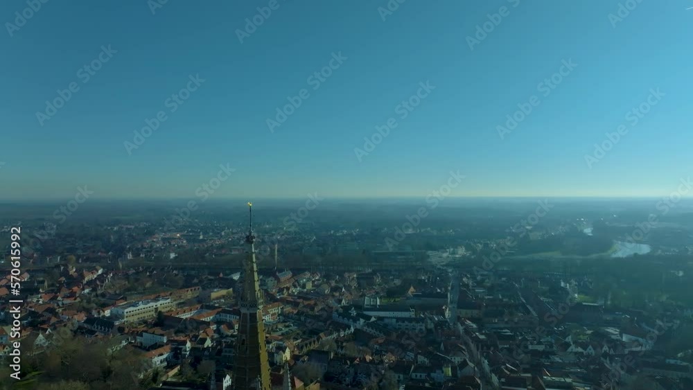 Orbit panorama of Our Lady Church's Weathercock, Bruges, Belgium