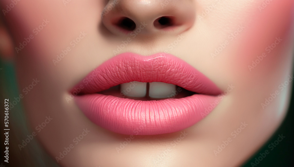 Fototapeta premium Perfect natural lip makeup. Close up macro photo with beautiful female mouth. Plump full lips. Close-up face detail. Perfect clean skin, light fresh lip make-up, generative ai