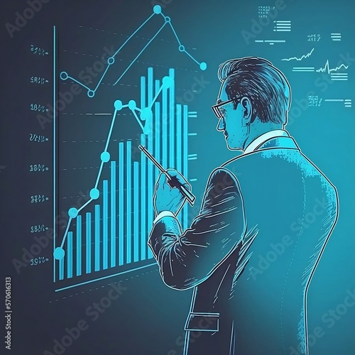 Businessman draw growth graph and progress of business and analyzing financial and investment data ,business planning and strategy on blue background, Ultra Realisitc, 8k


