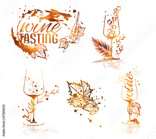 Wine Tasting - Collection of wine glasses and bottles. Hand drawn elements for invitation cards, advertising banners, menus in gold style. Wine glasses with splashing wine. Sketch vector illustration.