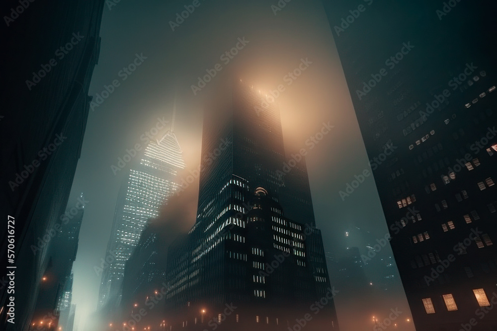 night city skyline in the fog created with Generative AI technology