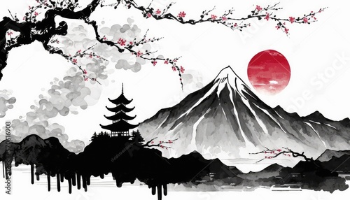  Japan traditional sumi-e painting and  Indian ink concept illustration. Outstanding mountain sun and sakura tree. Generative AI