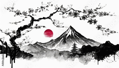  Japan traditional sumi-e painting and  Indian ink concept illustration. Outstanding mountain sun and sakura tree. Generative AI