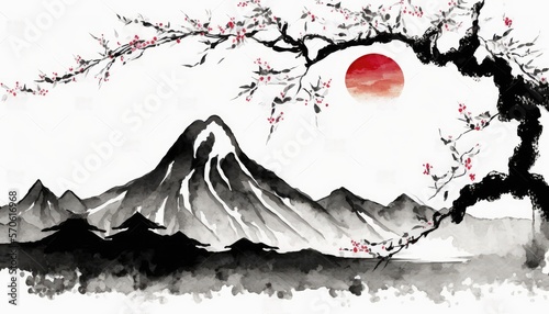  Japan traditional sumi-e painting and  Indian ink concept illustration. Outstanding mountain sun and sakura tree. Generative AI