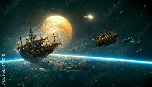 Fototapeta Naklejka Na Ścianę i Meble -  Pirate ship flot on galacy