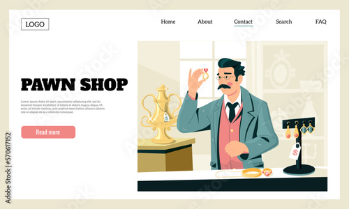 Pawn shop landing. Jewelry store worker estimates the cost of diamond ring, showcase with expensive precious things. Vector cartoon website template