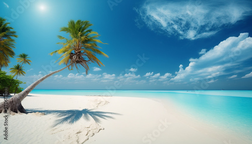 Holidayfeel maledive like beautiful tropical beach with white sand palm trees, landscape, southern sea, sand, beaches. AI Generated Art.