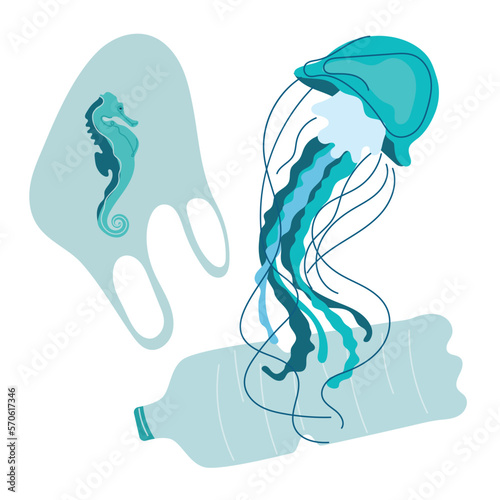Dirty ocean environment. The animals, fish, jellyfish, sea horse swim with trash, plastic bottle, plastic bag. Vector illustration with climate change, SAVE EARTH NOW. People pollutes the planet.