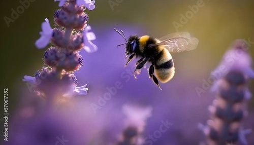  a bee flying over a purple flower with lots of pollen on it's back legs and head, with a blurry background of lavender flowers in the foreground.  generative ai © Anna