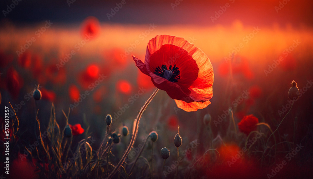 Flowers Red poppies blossom on wild field. Beautiful field red poppies with selective focus. Red poppies in soft light. Opium poppy. Natural drugs, generative ai - obrazy, fototapety, plakaty 