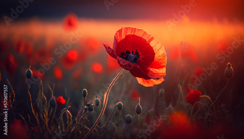 Flowers Red poppies blossom on wild field. Beautiful field red poppies with selective focus. Red poppies in soft light. Opium poppy. Natural drugs, generative ai