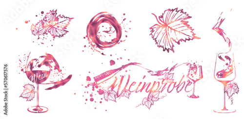 Weinprobe - Collection of wine glasses and bottles. Hand drawn elements for invitation cards, advertising banners, menus in gold style. Wine glasses with splashing wine. Sketch vector illustration.