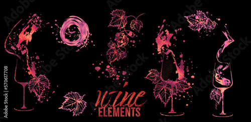 Wine Elements - wine glasses and bottles. Hand drawn elements for invitation cards, advertising banners, menus in red style. Wine glasses with splashing wine. Sketch vector illustration.
