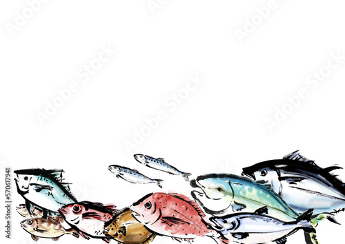 手描きの魚集合イラストフレーム