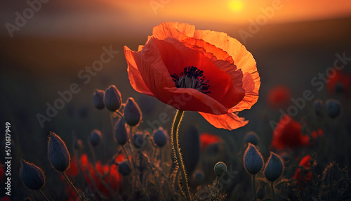 Red poppies in the field in the sunset, generative ai