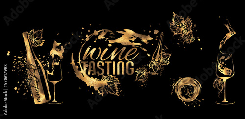 Wine Tasting - Collection of wine glasses and bottles. Hand drawn elements for invitation cards, advertising banners, menus in gold style. Wine glasses with splashing wine. Sketch vector illustration.