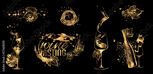 Weinprobe - Collection of wine glasses and bottles. Hand drawn elements for invitation cards, advertising banners, menus in gold style. Wine glasses with splashing wine. Sketch vector illustration.