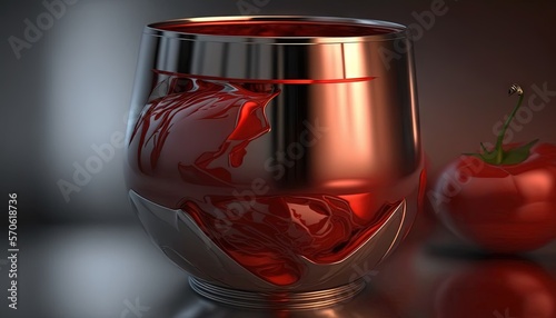  a red glass with a red liquid inside of it next to a red apple on a reflective surface with a reflection of the glass on the surface. generative ai