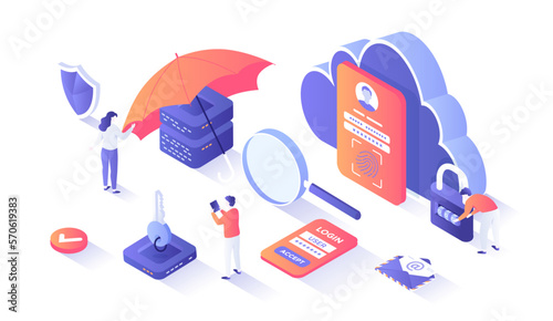 Cloud Security, Data Protecting. Secure backup exchange and encryption. Safe hosting service, authorization, identification. Isometry illustration with people scene for web graphic.