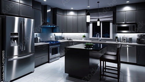  a modern kitchen with stainless steel appliances and black counter tops and cabinets, and a center island with a black countertop and stools.  generative ai photo