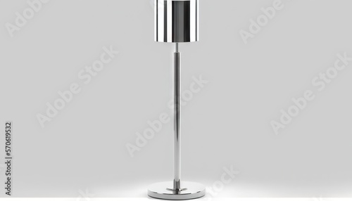  a chrome floor lamp with a black and white shade on it's base and a white light on the top of the lamp, on a gray background.  generative ai