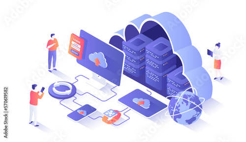 Cloud Technology. Big data processing center, cloud database, connecting information, storage, hosting. Isometry illustration with people scene for web graphic.