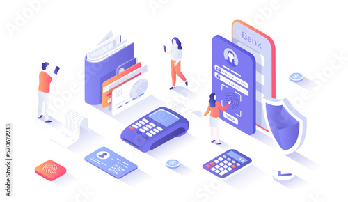 Mobile banking, Financial online service. Financial transactions via smartphone, payment, credit, deposit. Isometry illustration with people scene for web graphic.