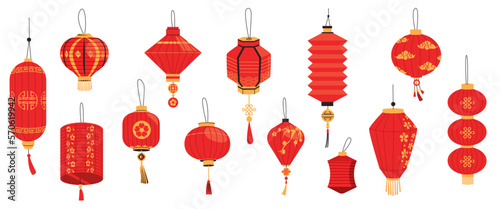Asian lantern. Chinese japanese korean festival lights, oriental paper lamps for traditional chinatown holiday celebration cartoon flat style. Vector isolated set