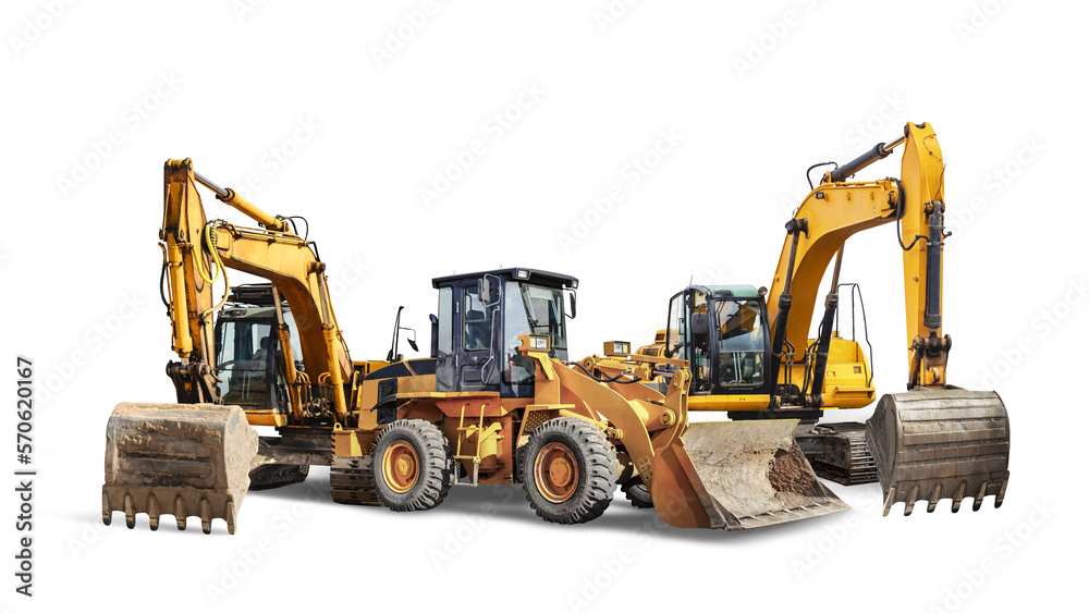 Two crawler excavators and bulldozer loader close-up on a white isolated background.Construction equipment for earthworks. element for design. Two crawler excavators and bulldozer loader close-up on a white isolated background.Construction equipment for earthworks. element for design.