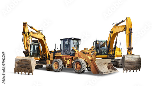 Two crawler excavators and bulldozer loader close-up on a white isolated background.Construction equipment for earthworks. element for design.