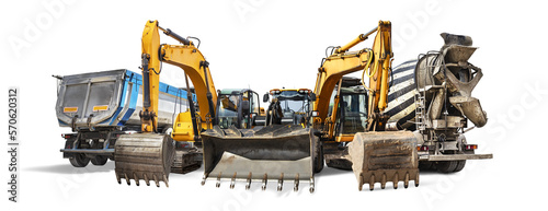 A large group of construction equipment isolated on a white background. Rental of construction equipment. Excavator, loader, bedozer, atobetonosmesitel, dump truck. element for design.