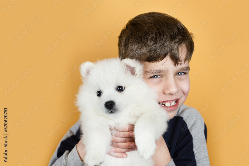 A young boy sincerely hugs his white little dog, smiles and tells her how much he loves her, the boy's dream has come true, now he has a dog
