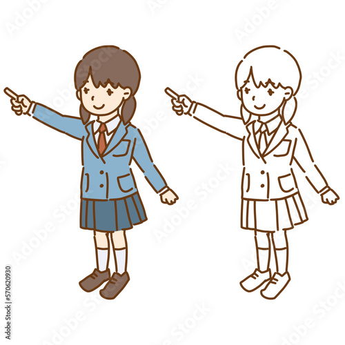 指で上を指し示す女子学生のベクターイラスト 
ブレザーの制服