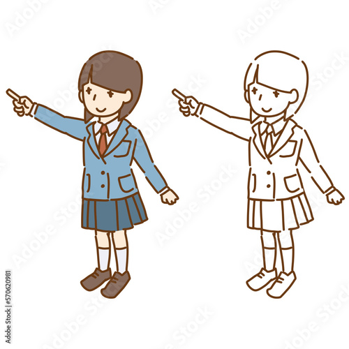 指で上を指し示す女子学生のベクターイラスト 
ブレザーの制服 パッツン前髪