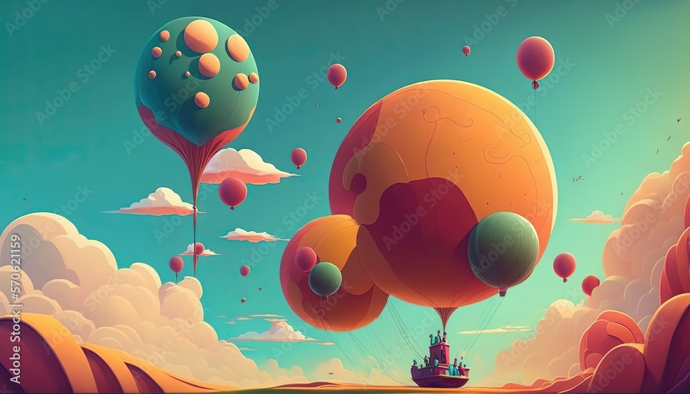 a painting of a boat floating in the sky with balloons floating around ...