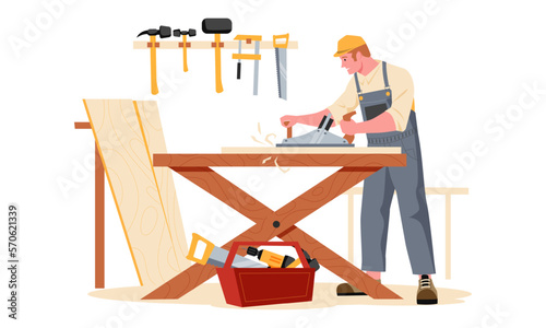 Carpentry workshop. Cartoon carpenter character sawing wood board making wooden furniture, craftsman timber with tools woodworking in studio. Vector illustration