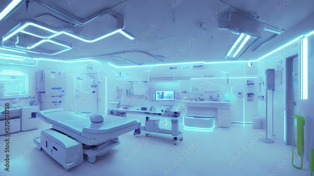futuristic interior clean modern medical room with neon light, generative art by A.I. futuristic interior clean modern medical room with neon light, generative art by A.I.