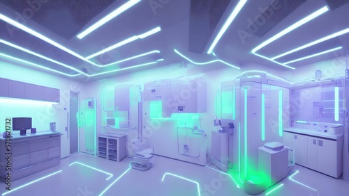 futuristic interior clean modern medical room with neon light, generative art by A.I.