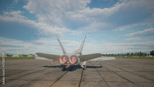 F-18 fighter jet taking off from a runway. Computer animation photo