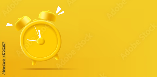 3D modern banner with a ringing yellow alarm clock. Alarm clock on yellow background, for design concepts. Time to, time to act.