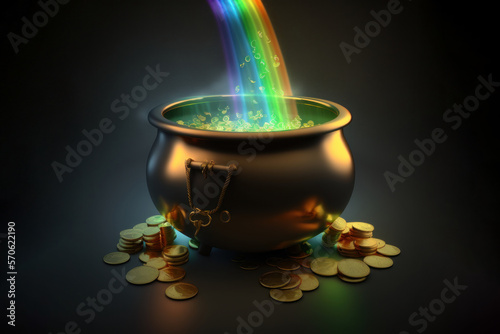 Pot of gold coins glows (Generative AI)