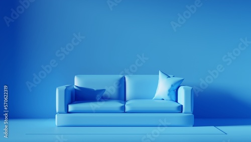 Minimalist interior design with sofa in blue color. 3d rendering monochrome interior concept