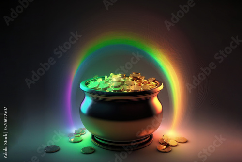 Pot of gold coins glows (Generative AI)