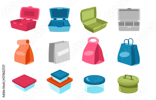 Lunchbox collection. Cartoon containers, disposable paper bags and plastic storage for snacks meal healthy daily food, lunch to go concept. Vector set