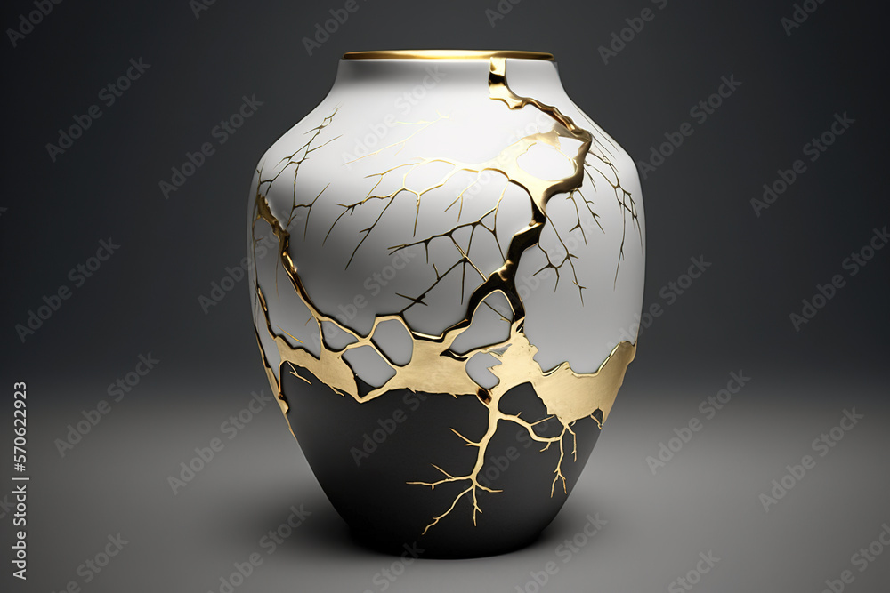 Kintsugi. Broken vase with the cracks filled with gold Stock