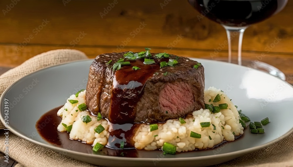  a plate of steak and mashed potatoes with a glass of red wine in the backgroung of the plate and a napkin on the table.  generative ai